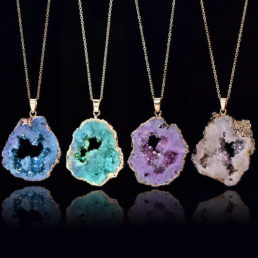 Agate Geode Quartz Crystal Druzy Pendant Necklace